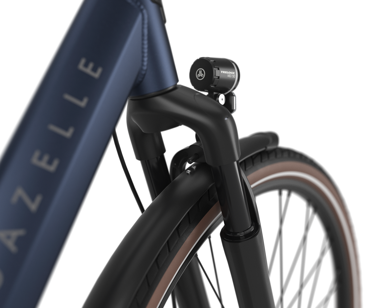 Gabelfederung am Vorderrad und gefederte Sattelstütze Gazelle Orange C8 E-bike low-step saturn blue