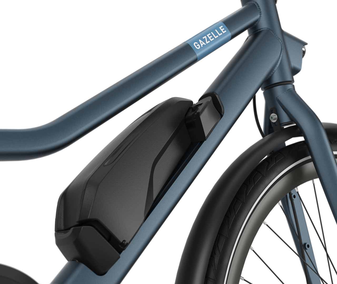 An intelligent battery on the down tube Gazelle Esprit C7 E-bike low-step legion blue