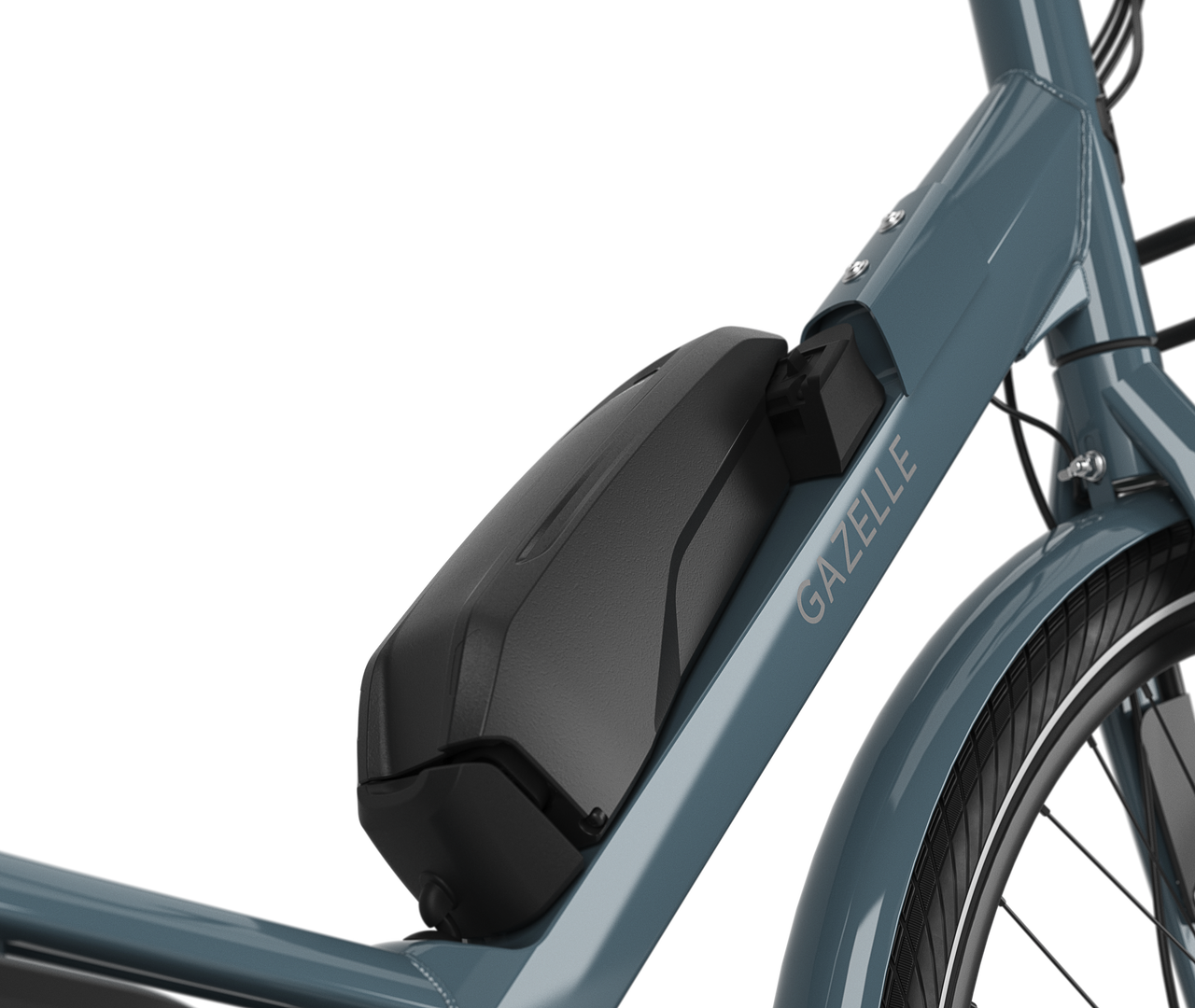 Ein intelligenter Akku am Unterrohr Gazelle Bloom C7 E-bike low-step thunder grey