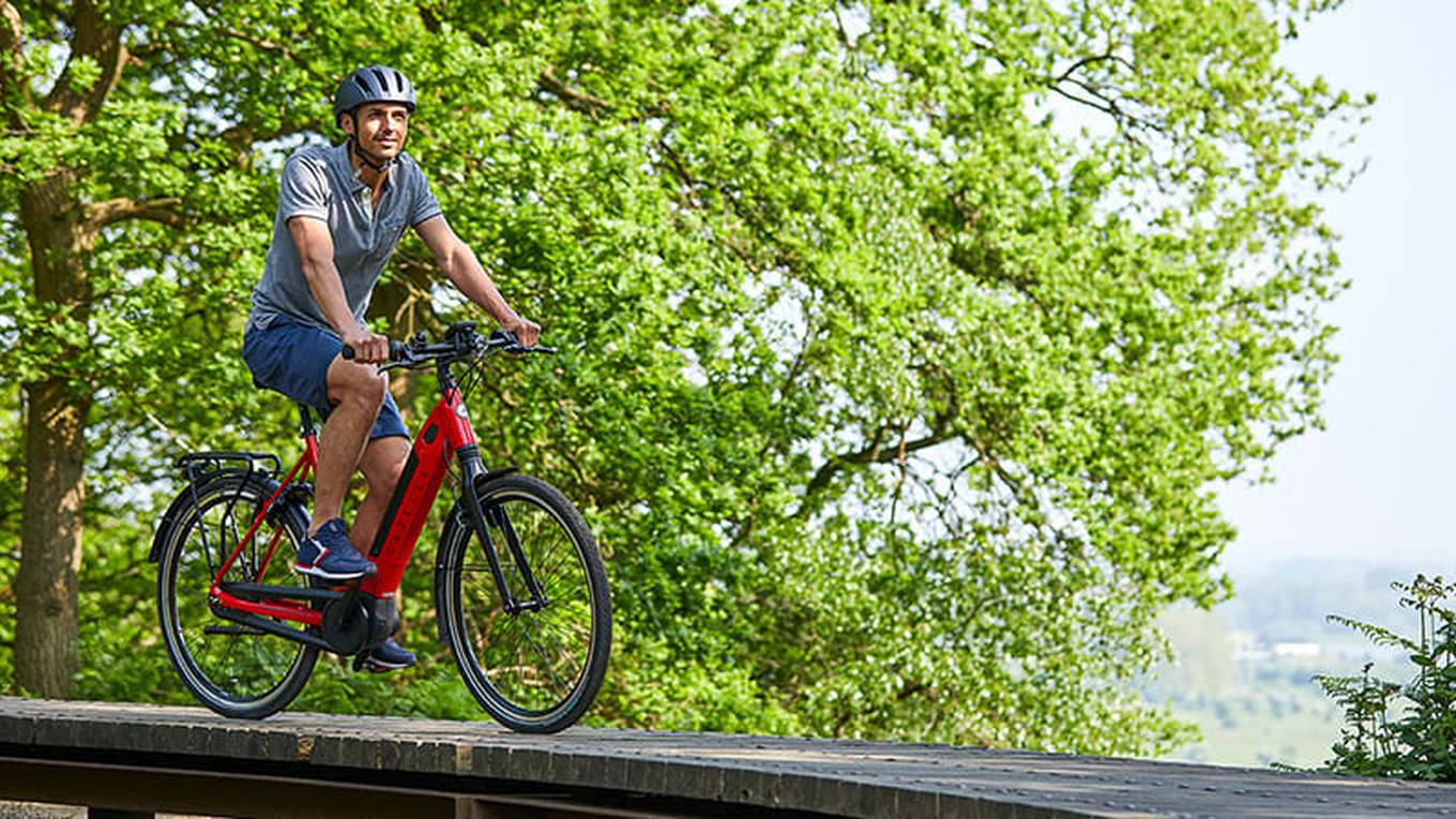 Man met fietshelm op elektrische fiets in een bos