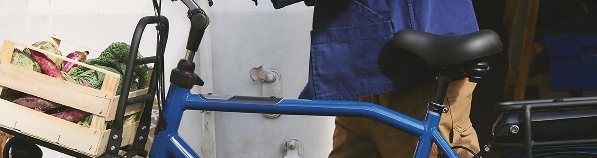 A person in a blue jacket walks alongside a blue bicycle with a front crate filled with produce, including broccoli and other greens.