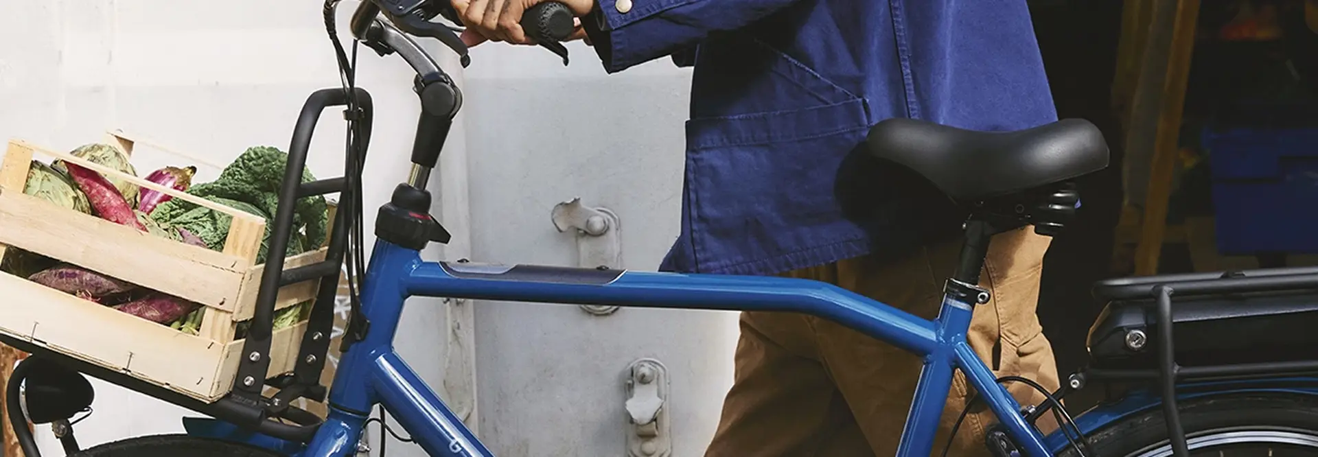 A person in a blue jacket walks alongside a blue bicycle with a front crate filled with produce, including broccoli and other greens.