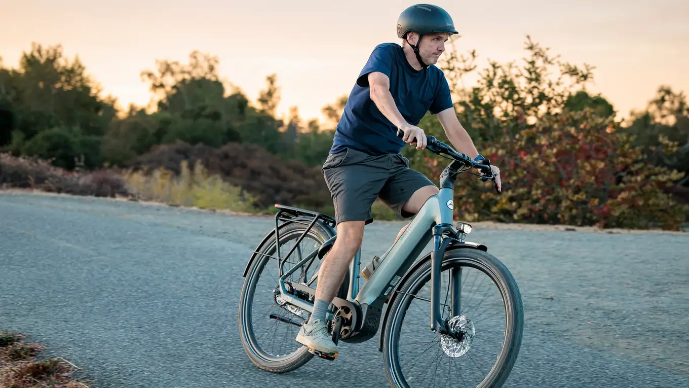 A man wearing a helmet rides an electric bike on a road surrounded by greenery during sunset.